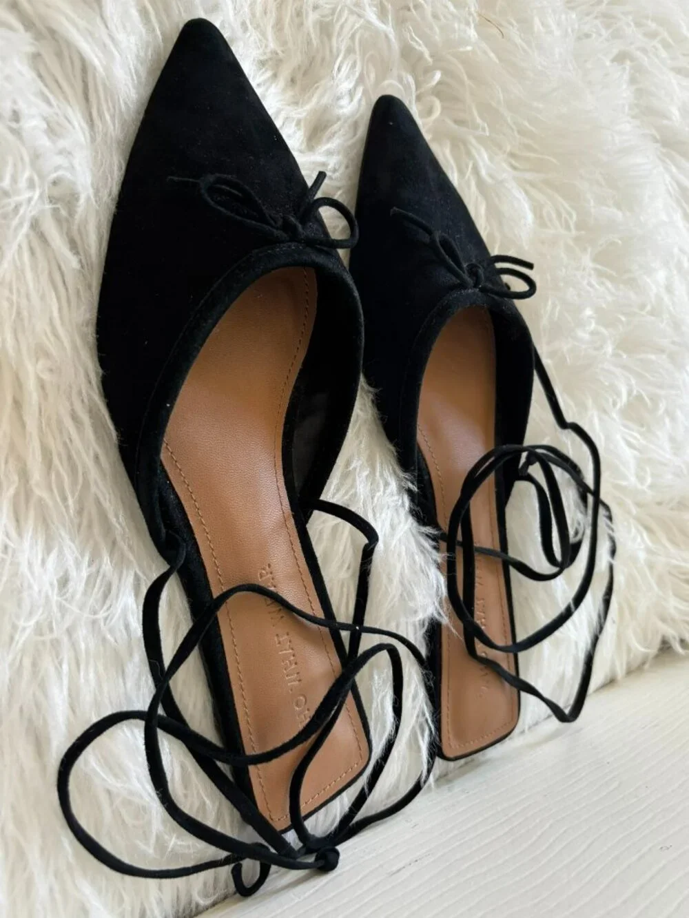 NWOB Who What Wear Black Suede Evelyn Pointed Toe Lace Up Strap Bow Flats 7 1/2
